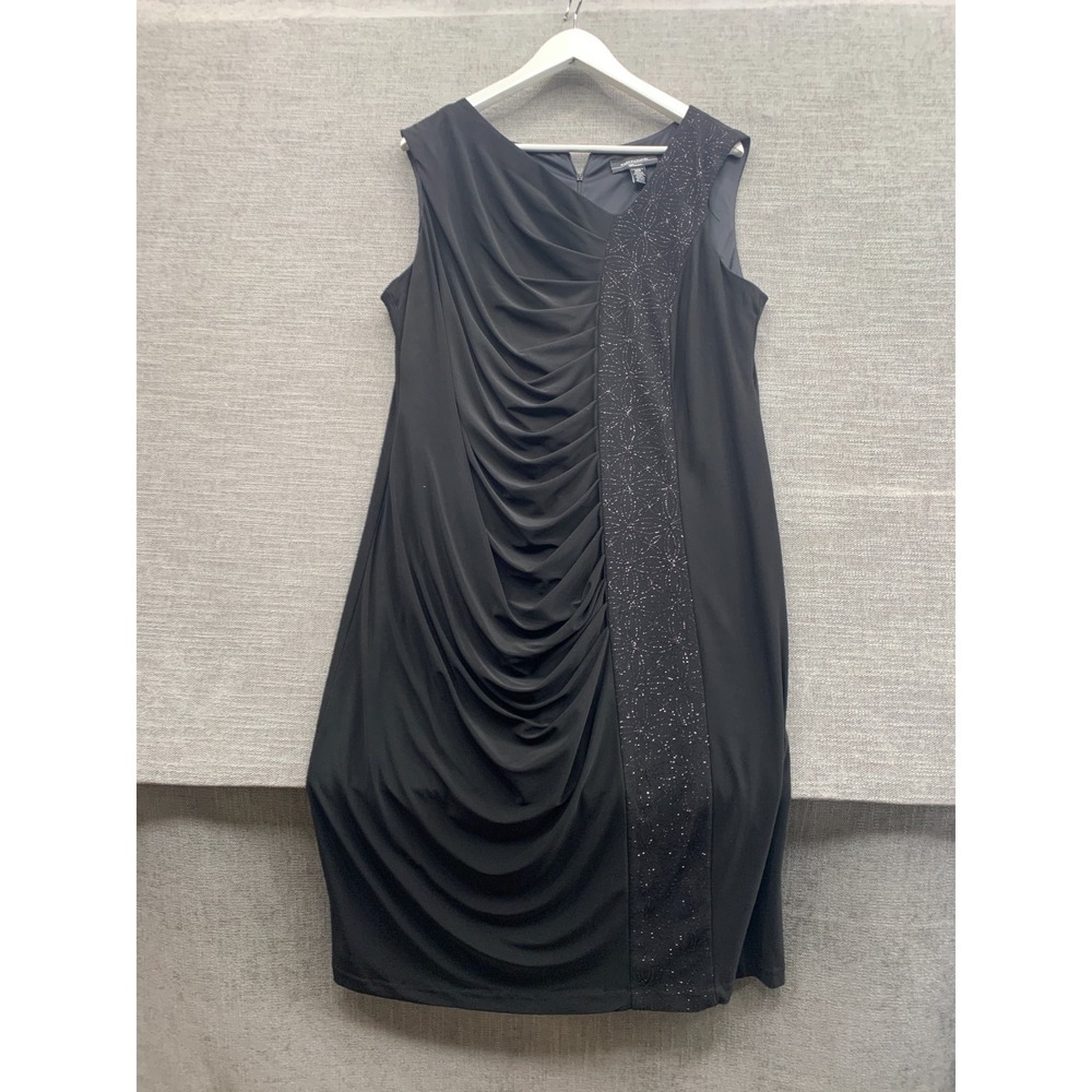 R&M Richards Sheath Dress Womans 14W Black Sleeveless Ruched Front Back Zip